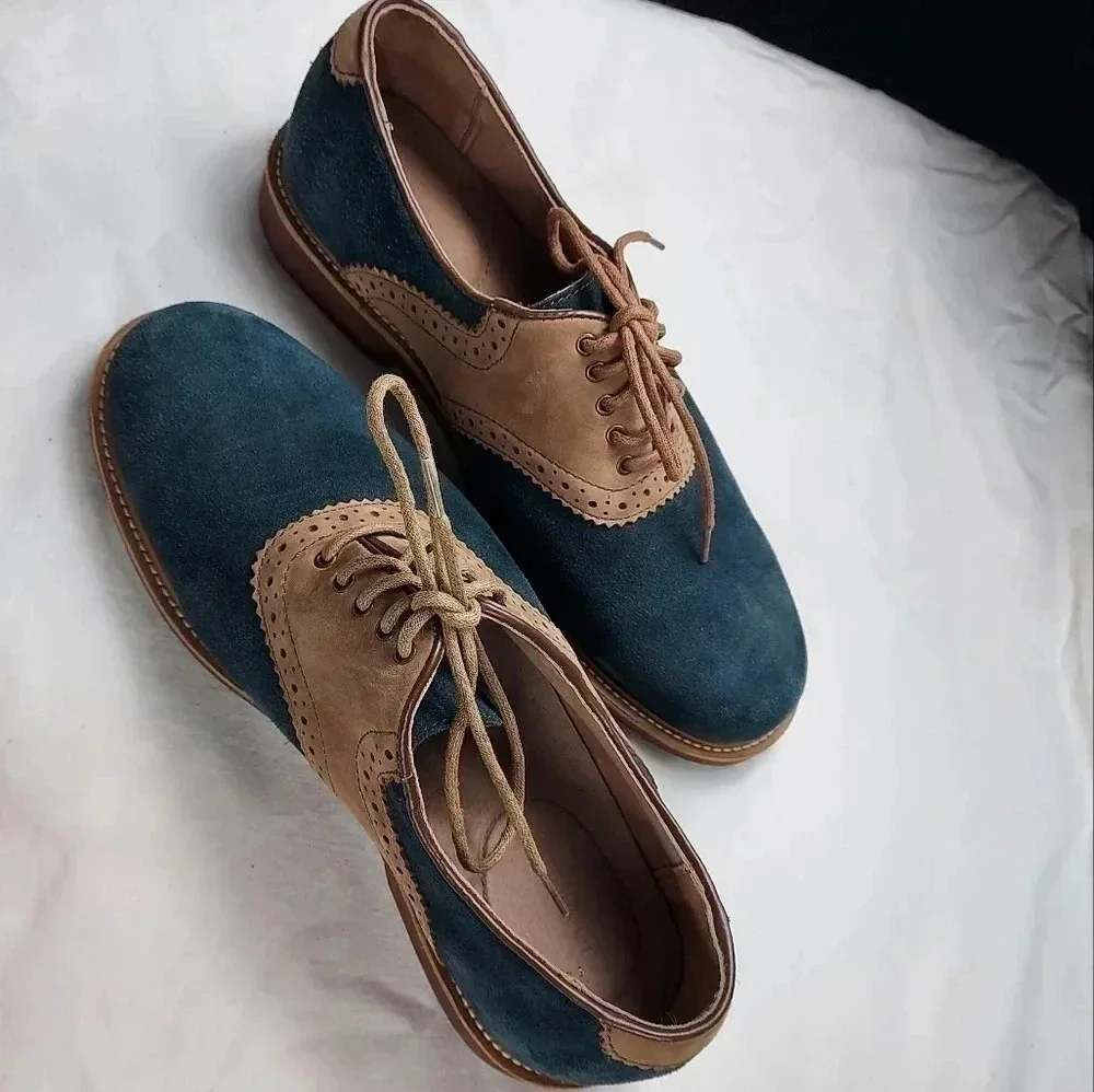 Land's End Mens Tan Leather and Blue Suede Lace Shoes Size 9